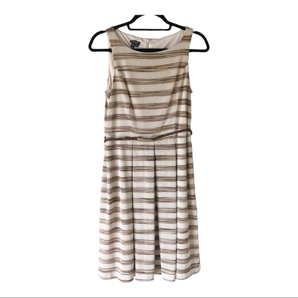 Muse Sleeveless Beige/Brown Striped‎ Metallic Belted Fit And Flare Dress Size 8